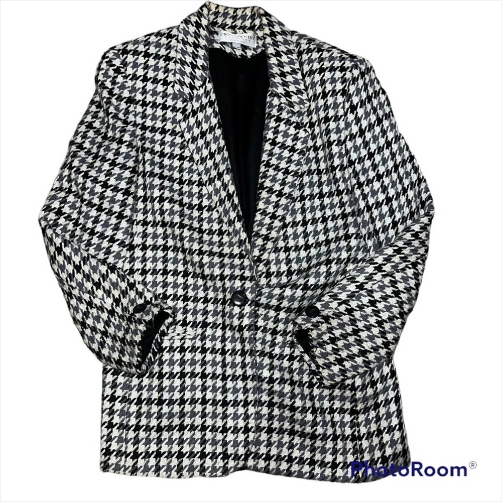 Vintage Oversized Houndstooth Blazer Single Breasted Jacket Black White 12